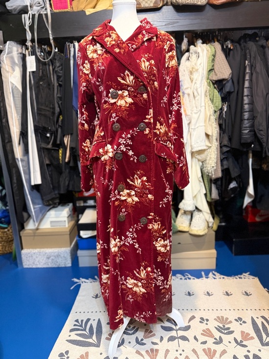 April Cornell Jackets & Blazers - Red Floral Velvet Double-Breasted Long Coat